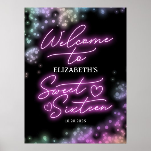 スウィート16誕生日カラフルネオングローウェルカムサイン ポスター (正面)