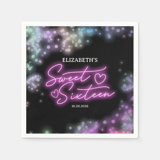 スウィート16誕生日カラフルネオングローダークパーティー スタンダードカクテルナプキン (正面)