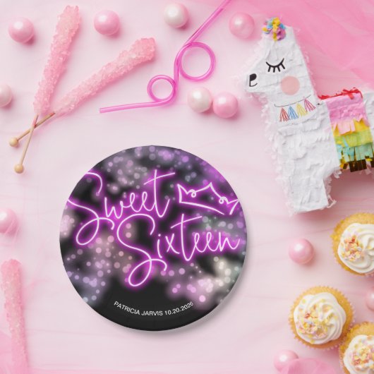 スウィート16誕生日カラフルネオングローダークパーティー ペーパープレート (パーティー)