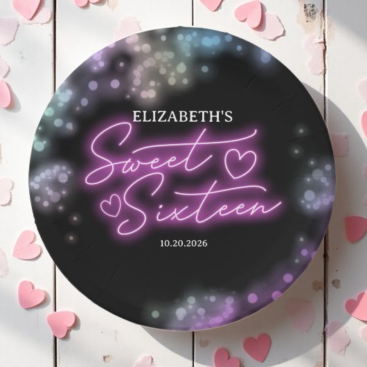 スウィート16誕生日カラフルネオングローダークパーティー ペーパープレート
