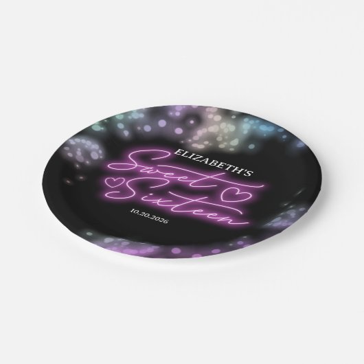 スウィート16誕生日カラフルネオングローダークパーティー ペーパープレート (アングル)