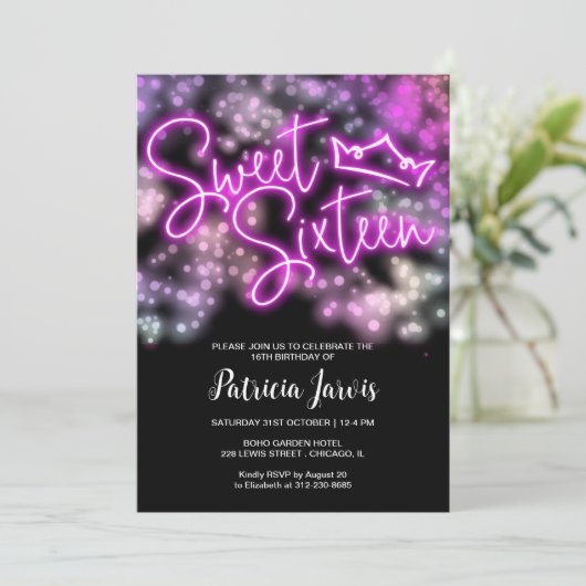 スウィート16誕生日カラフルネオングローダークパーティー 招待状 (スタンド正面)