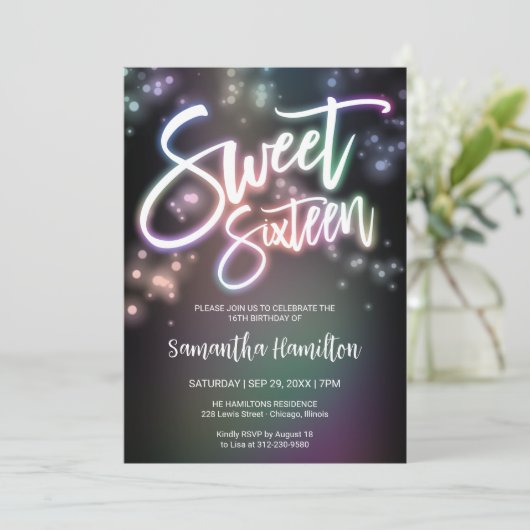 スウィート16誕生日カラフルネオングローダークパーティー 招待状 (スタンド正面)
