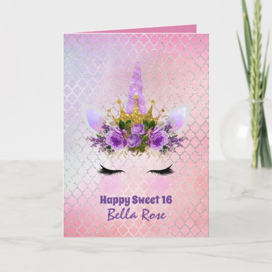 スウィート16誕生日カードパーソナライズされたかわいいユニコーン カード (正面)