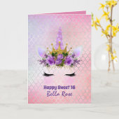 スウィート16誕生日カードパーソナライズされたかわいいユニコーン カード (黄色い花)