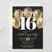 スウィート16誕生日ガーリーグラム金ゴールドバルーンオンブラック 招待状 (正面)