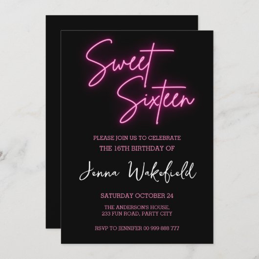 スウィート16誕生日ガールパーティーネオン 招待状 (正面/裏面)