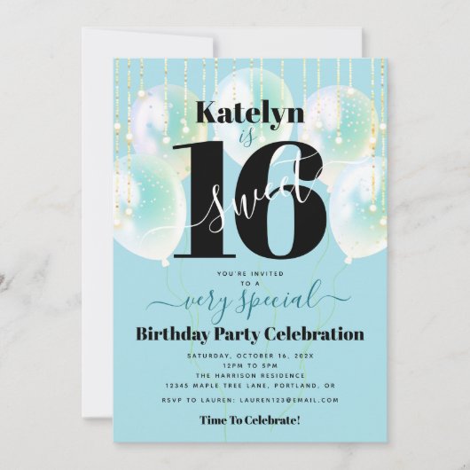 スウィート16誕生日グガーリーラムターコイズバルーン 招待状 (正面)