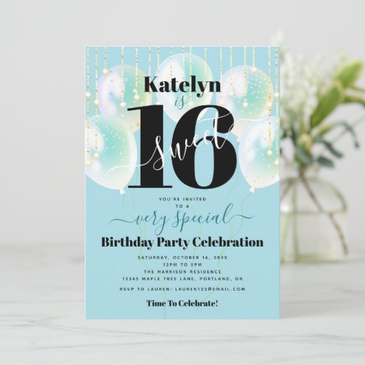 スウィート16誕生日グガーリーラムターコイズバルーン 招待状 (スタンド正面)