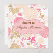 スウィート16誕生日コテージコアフローラピンクホワイト 招待状 (正面/裏面)