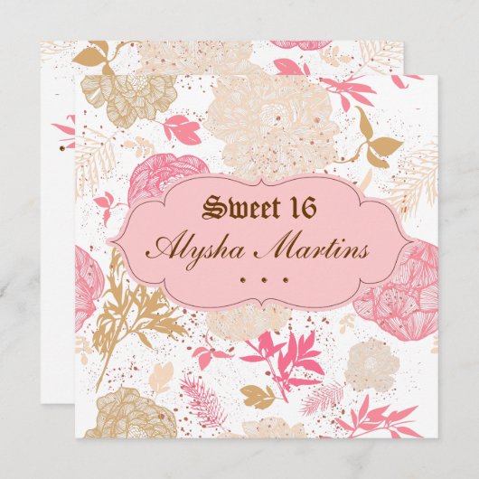 スウィート16誕生日コテージコアフローラピンクホワイト 招待状 (正面/裏面)