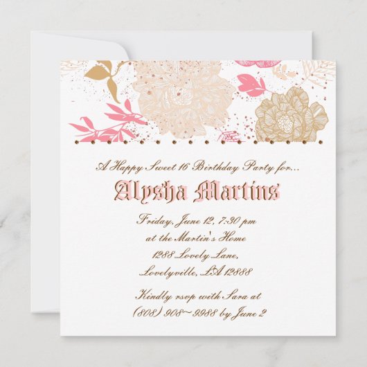 スウィート16誕生日コテージコアフローラピンクホワイト 招待状 (裏面)