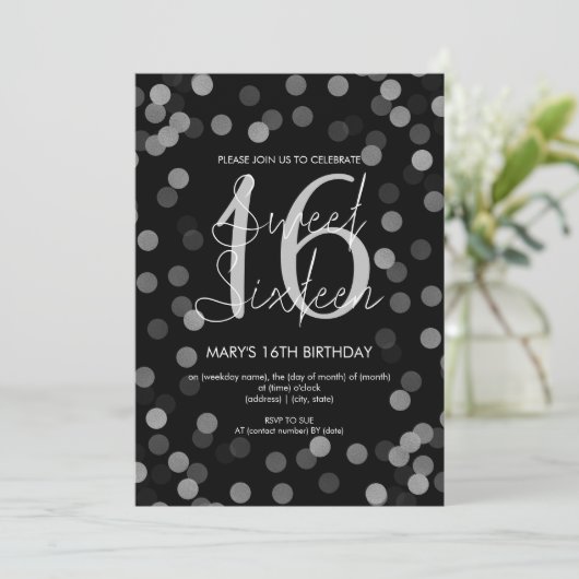 スウィート16誕生日シルバーグラムグリッターブラック 招待状 (スタンド正面)