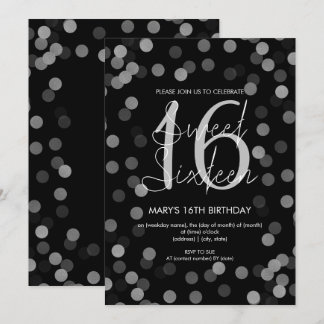 スウィート16誕生日シルバーグラムグリッターブラック 招待状