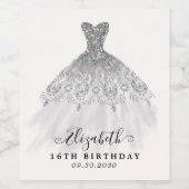 スウィート16誕生日シルバーグレーグリッターグラムドレス ワインラベル (シングルラベル)