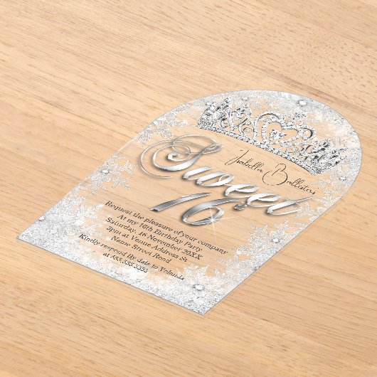 スウィート16誕生日シルバースノーフレークティアラ アクリル招待状 (レイダウン)