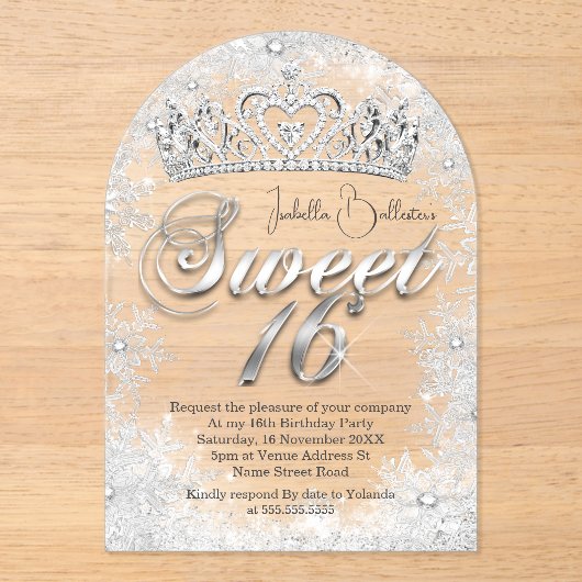 スウィート16誕生日シルバースノーフレークティアラ アクリル招待状 (正面)