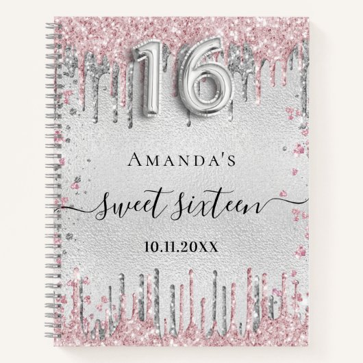 スウィート16誕生日シルバーピンクグリッターゲストブック ノートブック (正面)
