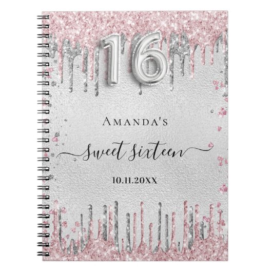 スウィート16誕生日シルバーピンクグリッターゲストブック ノートブック (正面)