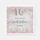 スウィート16誕生日シルバーピンクグリッターハート スタンダードカクテルナプキン (正面)