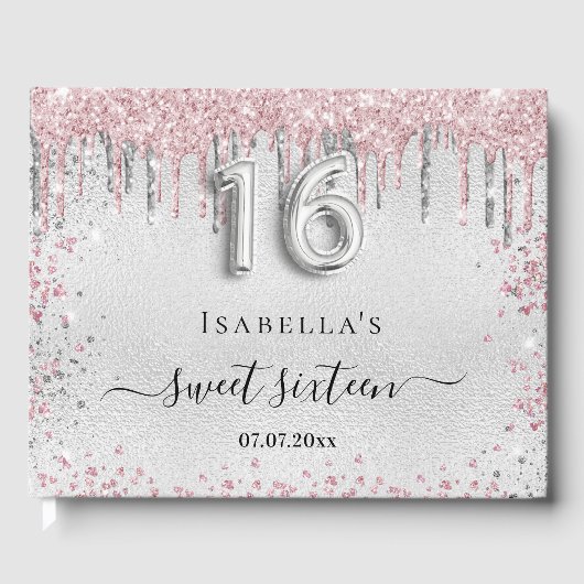 スウィート16誕生日シルバーピンクグリッター ゲストブック (正面)