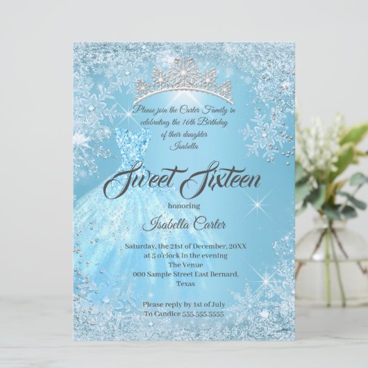 スウィート16誕生日シンデレラブルースノーフレーク冬 招待状 (スタンド正面)