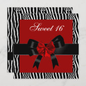 スウィート16誕生日ゼブラレッド白黒ボウ 招待状 (正面/裏面)