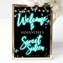 スウィート16誕生日ティール（緑がかった色）ネオングローウェルカムサイン ポスター