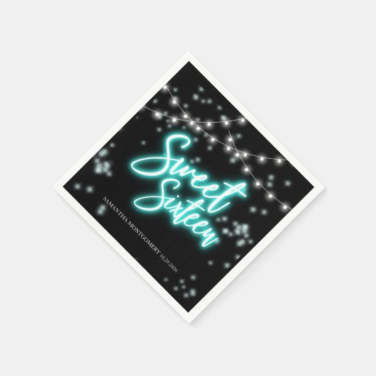 スウィート16誕生日ティール（緑がかった色）ネオングローダークパーティー スタンダードカクテルナプキン (角)