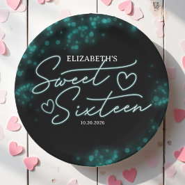 スウィート16誕生日ティール（緑がかった色）ネオングローダークパーティー ペーパープレート