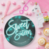 スウィート16誕生日ティール(緑がかった色)ネオングローダークパーティー ペーパープレート (パーティー)