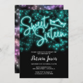 スウィート16誕生日ティール(緑がかった色)ネオングローダークパーティー 招待状 (正面/裏面)