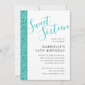 スウィート16誕生日ティール（緑がかった色）ブルーグリッター招待状 案内状 (正面)