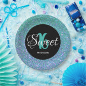 スウィート16誕生日ティール（緑がかった色）ブルーグリッター パーソナライズされた ペーパープレート (パーティー)