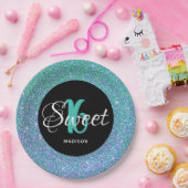 スウィート16誕生日ティール（緑がかった色）ブルーグリッター パーソナライズされた ペーパープレート (パーティー)