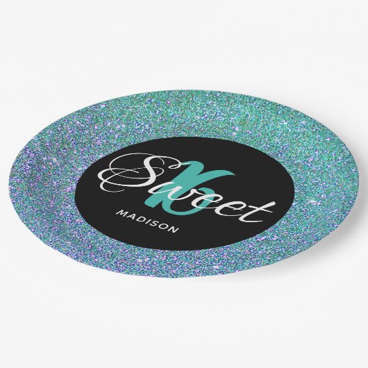 スウィート16誕生日ティール（緑がかった色）ブルーグリッター パーソナライズされた ペーパープレート (アングル)