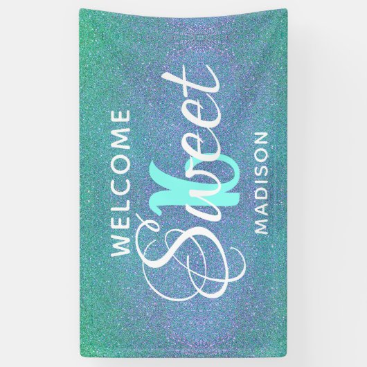 スウィート16誕生日ティール（緑がかった色）ブルーグリッター パーソナライズされた 横断幕 (縦)