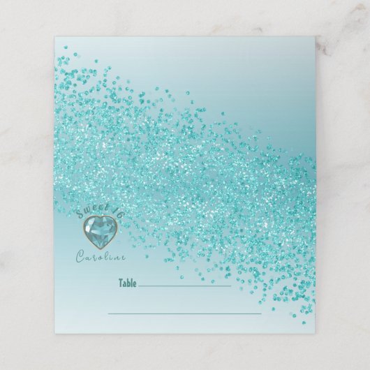 スウィート16誕生日ティール（緑がかった色）ブルーグリッター&ブルージェム プレイスカード (外部開封)