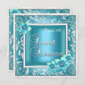 スウィート16誕生日ティール(緑がかった色)ブルーフラワーシルバー 招待状 (正面/裏面)