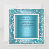 スウィート16誕生日ティール(緑がかった色)ブルーフラワーシルバー 招待状 (裏面)