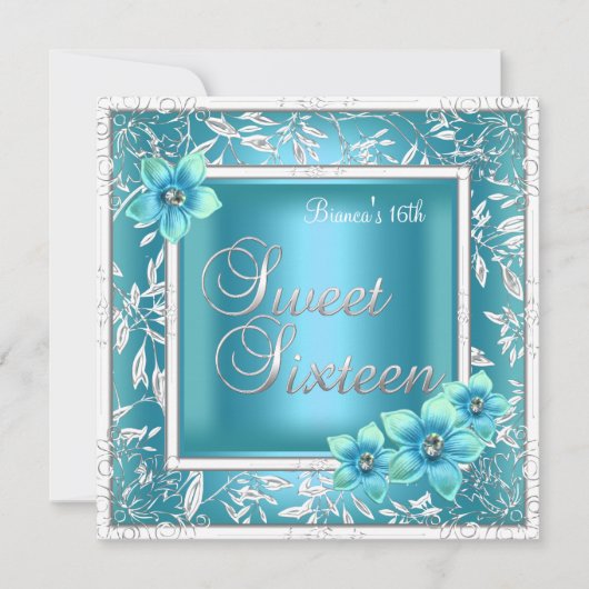スウィート16誕生日ティール(緑がかった色)ブルーフラワーシルバー 招待状 (正面)