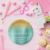 スウィート16誕生日ティール(緑がかった色)金ゴールドグリッタースパークル名 ペーパープレート (パーティー)