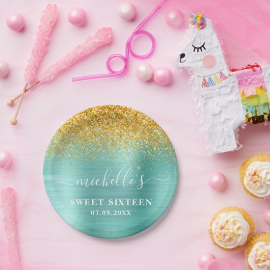 スウィート16誕生日ティール（緑がかった色）金ゴールドグリッタースパークル名 ペーパープレート (パーティー)