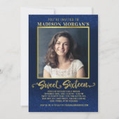 スウィート16誕生日ネイビーブルー金ゴールドグリッター写真 招待状 (正面)