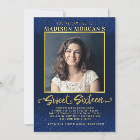 スウィート16誕生日ネイビーブルー金ゴールドグリッター写真 招待状 (正面)