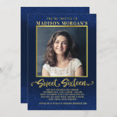 スウィート16誕生日ネイビーブルー金ゴールドグリッター写真 招待状 (正面/裏面)