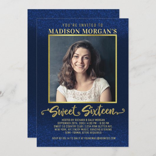 スウィート16誕生日ネイビーブルー金ゴールドグリッター写真 招待状 (正面/裏面)