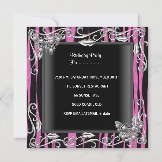 スウィート16誕生日バタフライゼブラブラックピンク 招待状 (裏面)