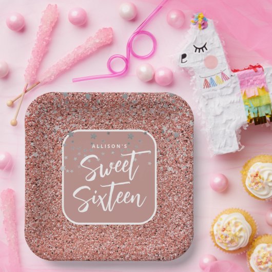 スウィート16誕生日バラ金ゴールドパーソナライズされたグリッター ペーパープレート (パーティー)