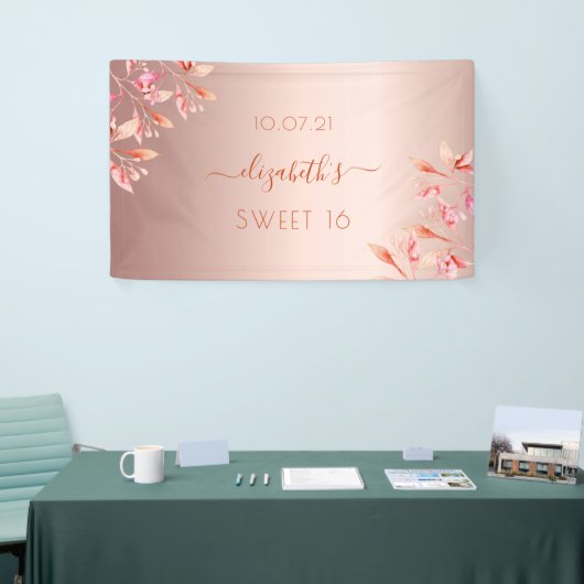 スウィート16誕生日バラ金ゴールドピンク花模様秋 横断幕 (トレードショー)